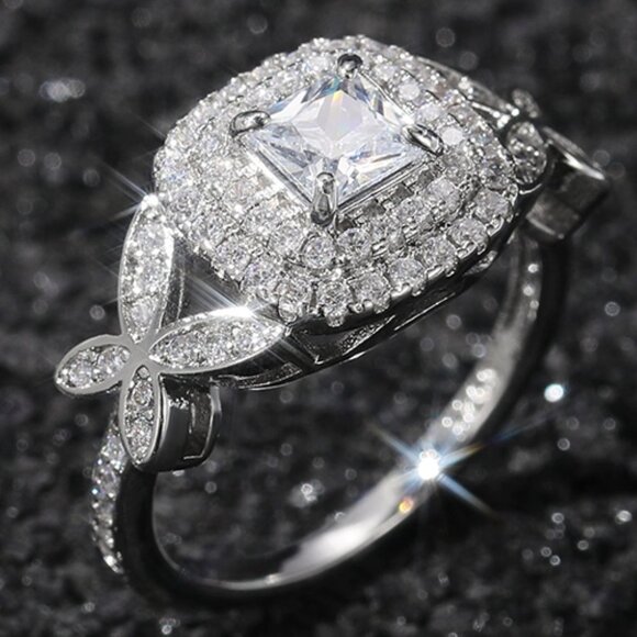 😍Beautiful Pure Princess Cut Square CZ Romantic Wedding Ring, K820 - Picture 1 of 5